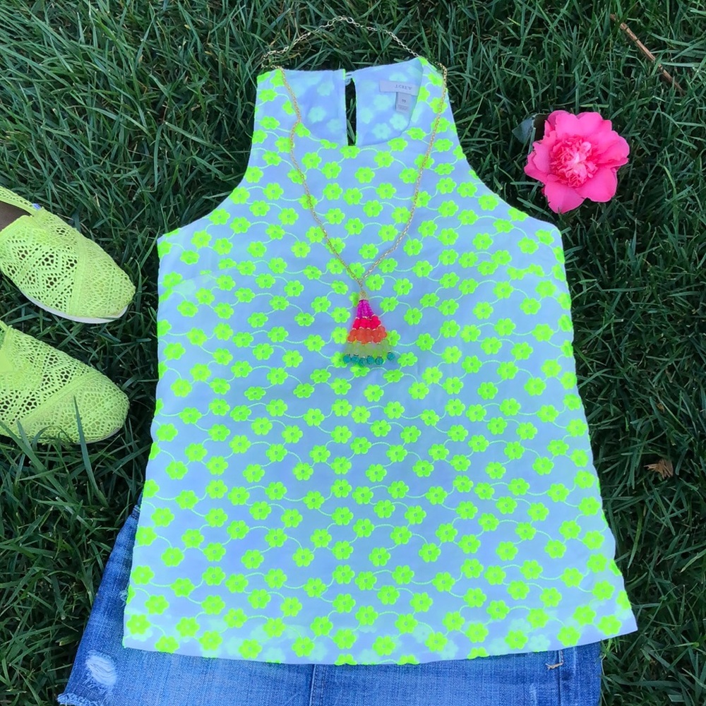 🌺 J.Crew; STUNNING Neon Green/White Embellished Flower Top; Misses Sz. 00/XXS